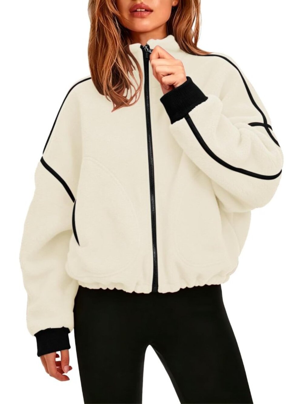 Women Beige 100% Polyester Stand Collar Pocket Cropped Full-Zip Up Sherpa Jacket